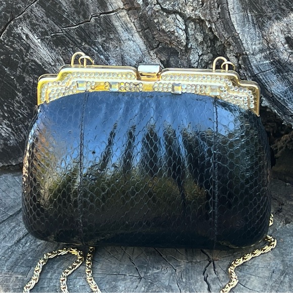 VINTAGE hard clamshell faux snakeskin art deco clutch, shoulder bag - Picture 4 of 10